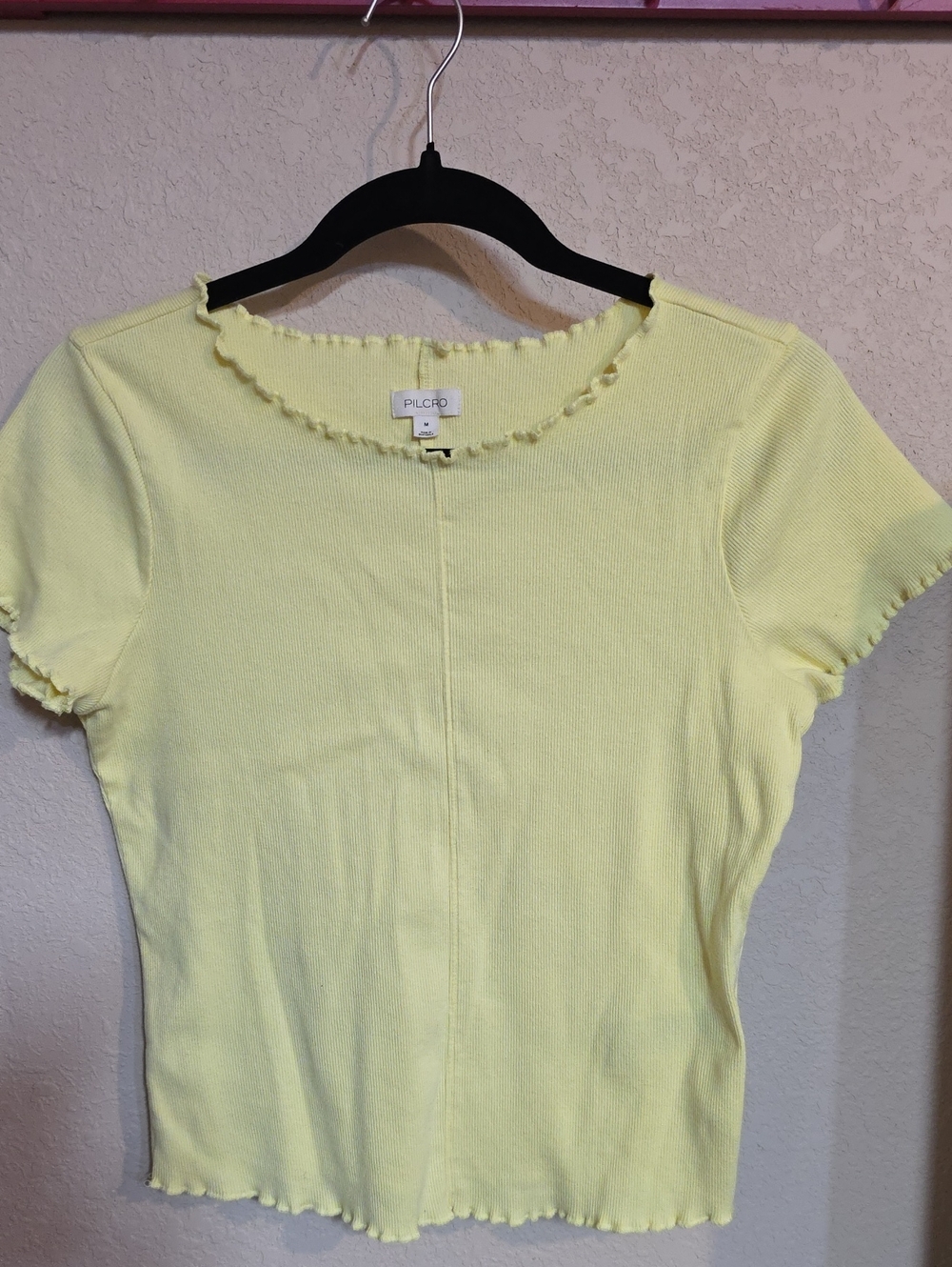 Pilcro By Anthropology*Yellow Ribbed Short Sleeve Tee with Lettuce Edge